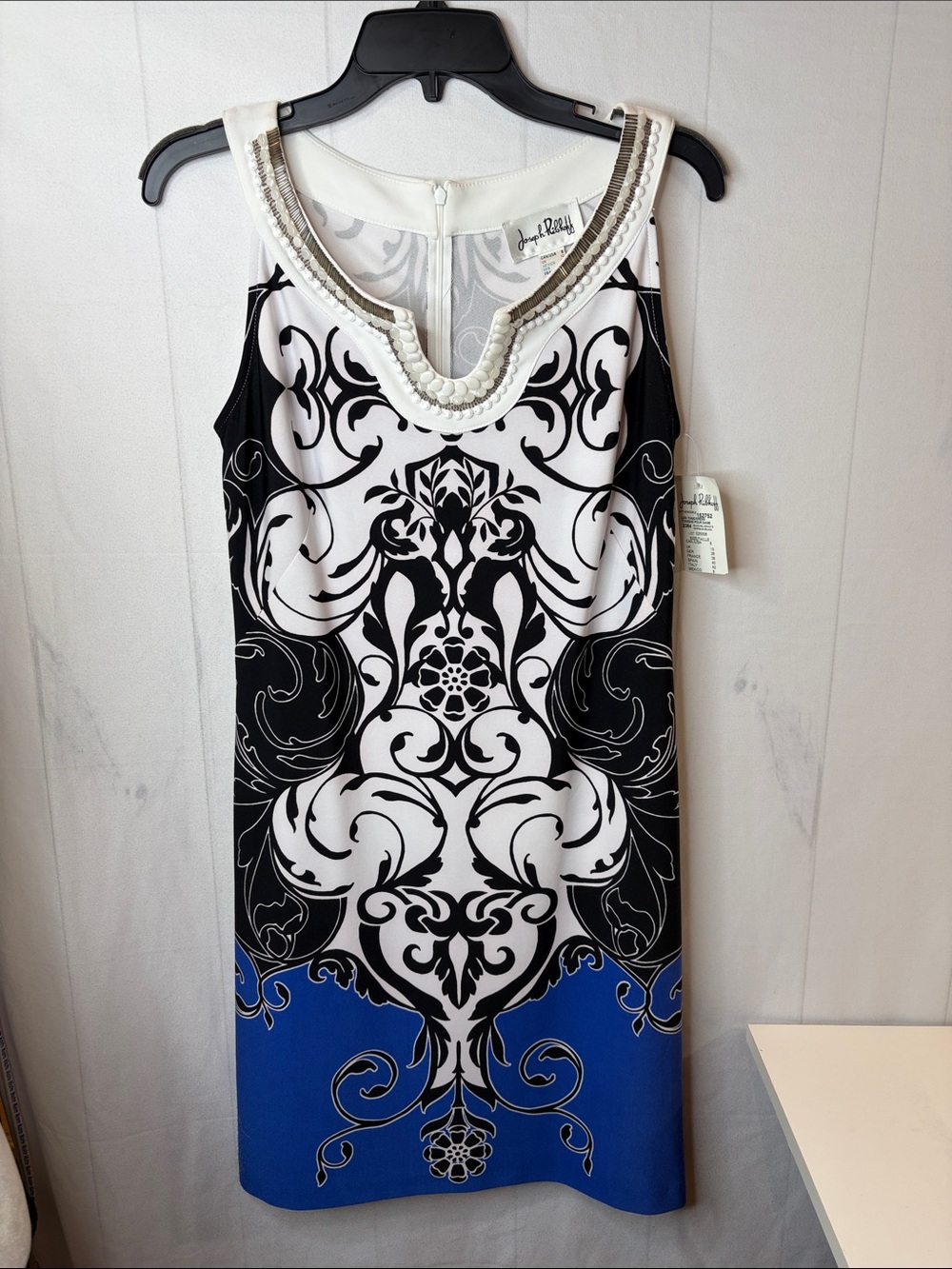 NWT Joseph Ribkoff Black White Blue Embellished Beaded Sheath Dress Size 8